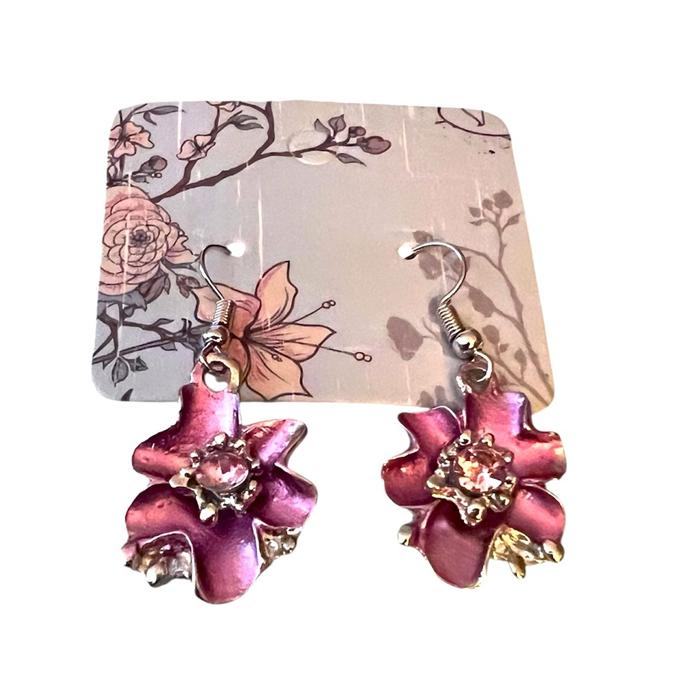 925 sterling Pink Floral oil drop Earrings NWT